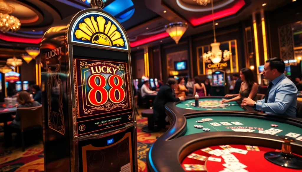 Spin the Lucky 88 slot machine amidst a luxurious casino atmosphere filled with vibrant games.