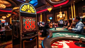 Spin the Lucky 88 slot machine amidst a luxurious casino atmosphere filled with vibrant games.