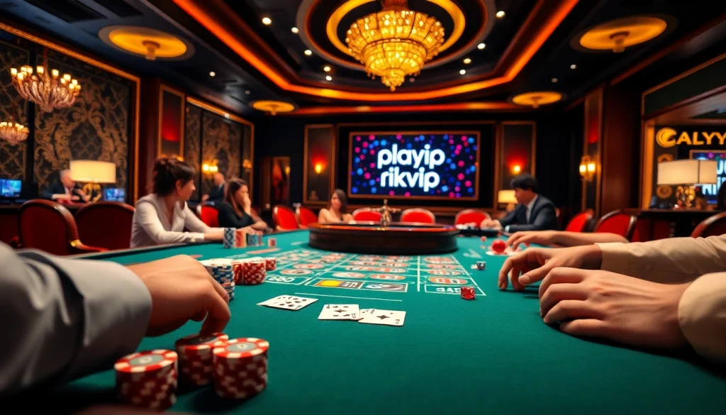 Play rikvip at an exciting casino table featuring cards, chips, and immersive game action.
