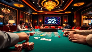 Play rikvip at an exciting casino table featuring cards, chips, and immersive game action.