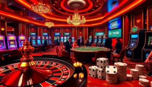 Engaged players immerse in excitement at the CM88 casino, surrounded by roulette, poker, and slot games.