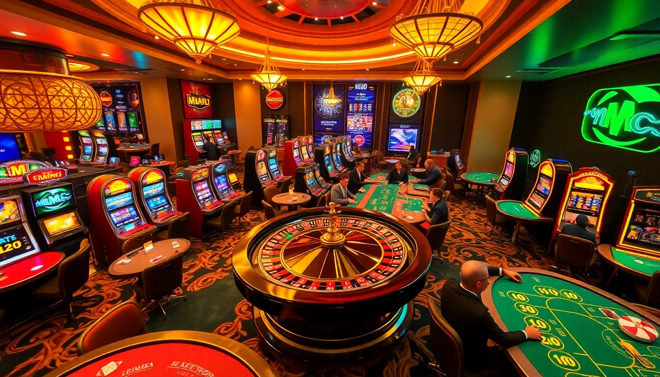 Experience MMOO excitement on a glamorous casino floor with vibrant gaming and betting action.