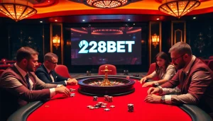 High-stakes poker action at 28BET casino with vibrant chips and roulette wheel.
