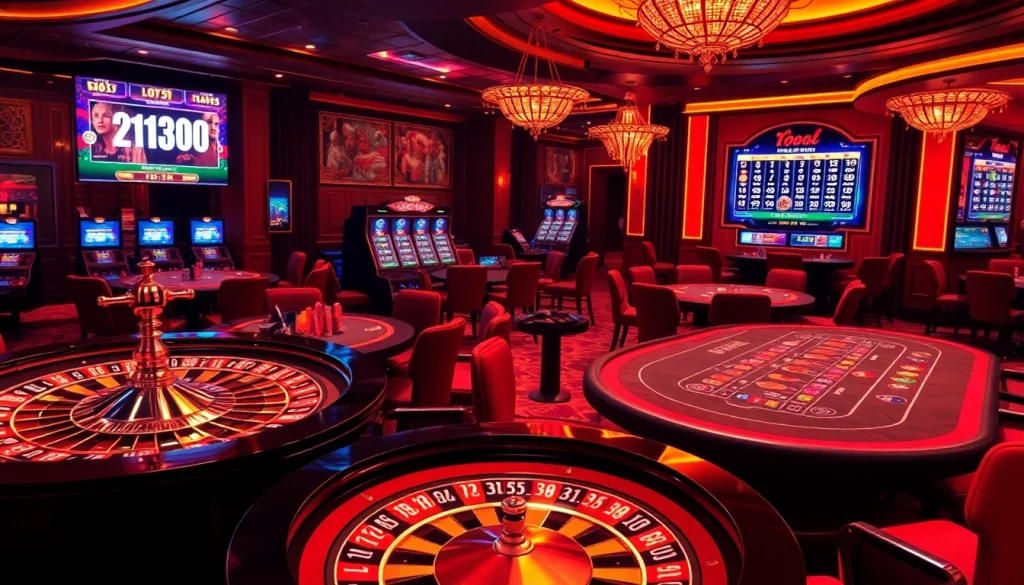 Exciting scene of players using the Tool xổ số siêu tốc at glamorous casino tables with poker chips and roulette wheels.