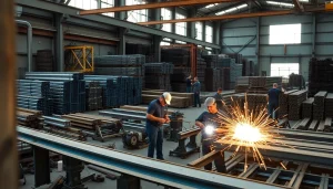 Artisans engaged in structural steel fabrication, highlighting craftsmanship and precision in a busy workshop.