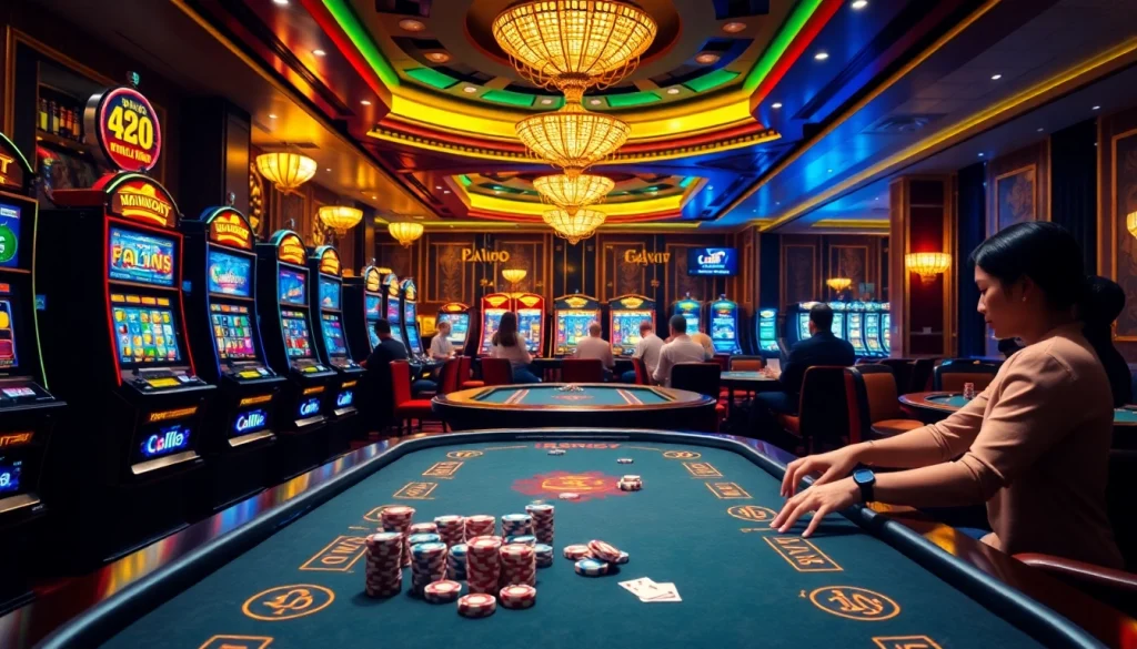 Players enjoying high-stakes games of Dominoqiu in a luxurious casino setting.