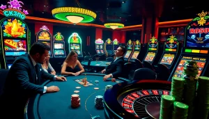 Intense poker game at OK365 casino table featuring vibrant chips and elegant players.