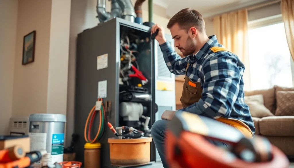 Technician performing furnace repair south salem in a warm, inviting home setting.