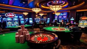 hello88 engaging casino scene with vibrant gaming tables, poker chips, and slot machines