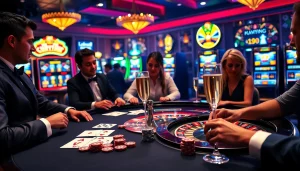 Exciting casino scene highlighting 399W with players at a poker table and vibrant roulette wheel.