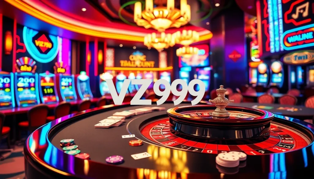 Experience the thrill of VZ99 casino games with vibrant poker tables and slot machines.