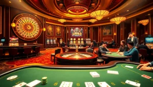 Luck8 casino scene showcasing roulette, poker, and vibrant slot machines in an elegant setting.
