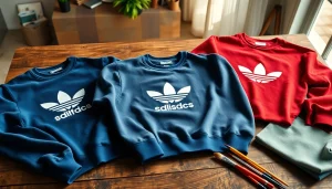 Džemperiai su spauda kūrybingai išdėstyti ant rustikaus stalo, pabrėžiant individualius spaudinius ir ryškias spalvas.