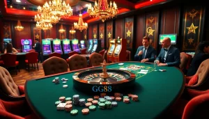 Players enjoying a thrilling session at GG88's luxurious casino table, surrounded by vibrant gaming elements.