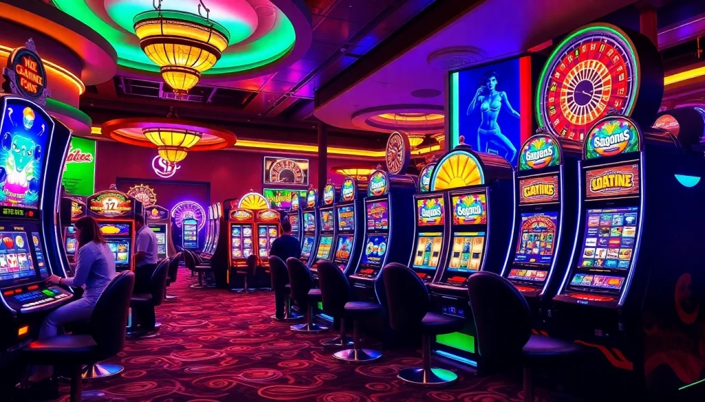 Excited players engaging with SLOT machines in a vibrant casino atmosphere.