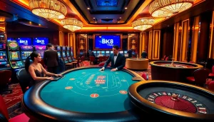 Players engage in a thrilling blackjack game at BK8THAI's luxurious casino.