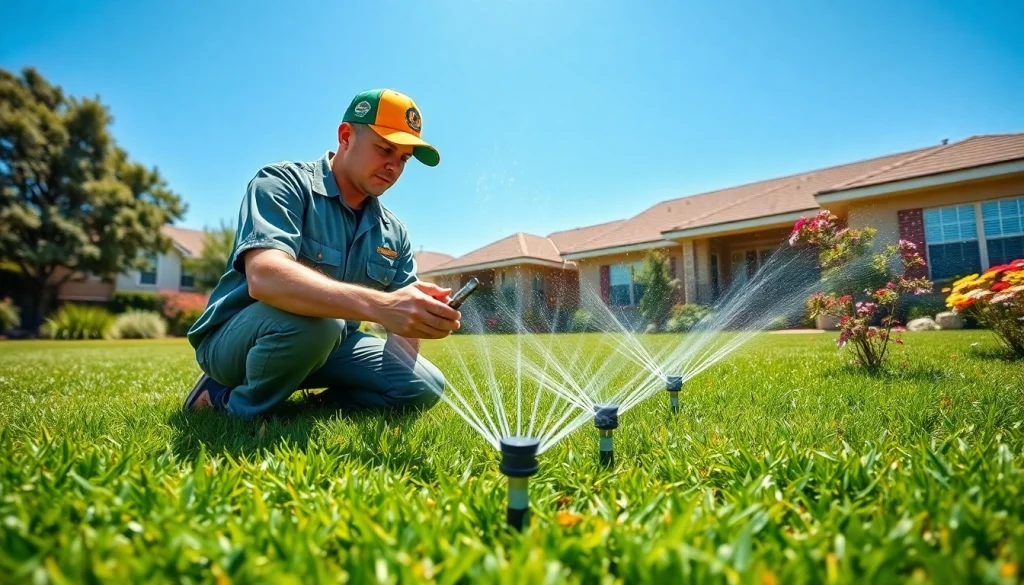 Expert sprinkler repair In San Antonio, TX with a landscaper inspecting a system in a lush garden.