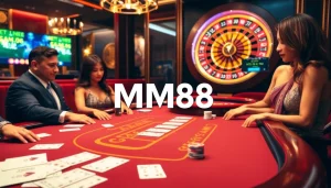 Excited players enjoying a luxurious MM88 casino experience at a blackjack table.