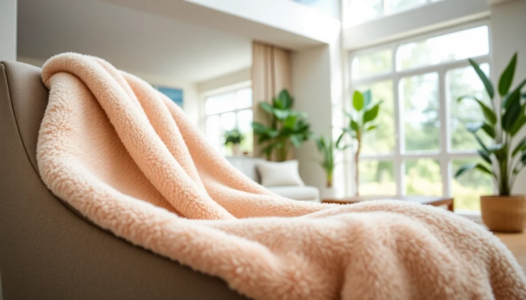 Fleece stof op een stijlvolle stoel in een moderne woonkamer met natuurlijke verlichting.