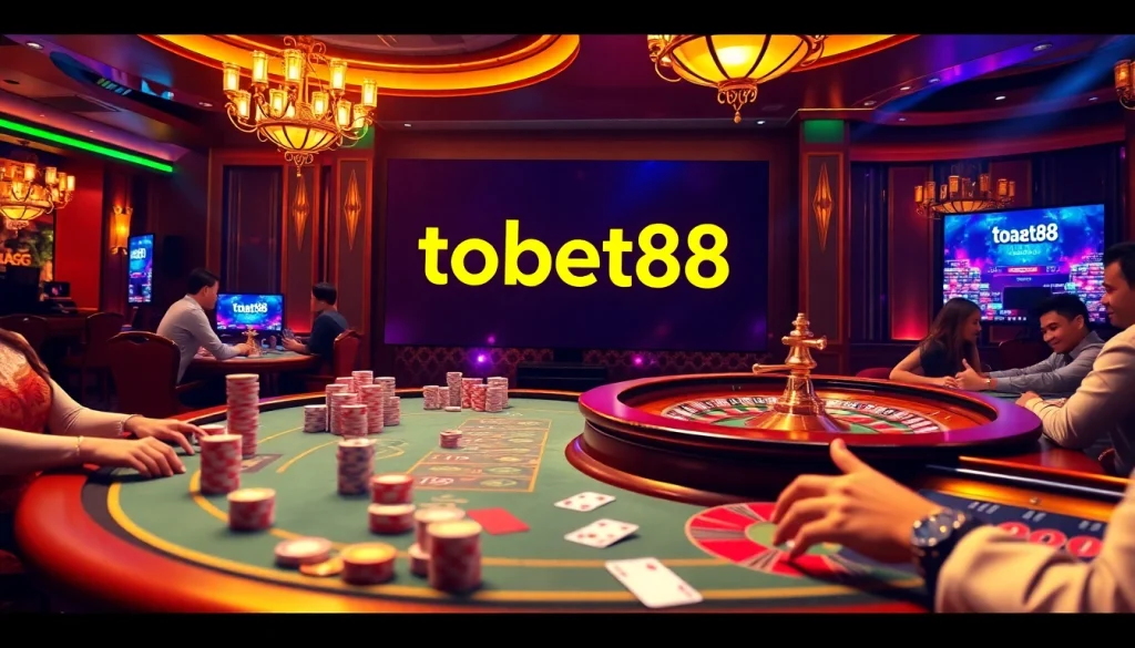 Tobet88 online gambling interface with poker, chips, and roulette, capturing the thrill of gaming.