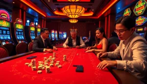 Tài Xỉu MD5 gaming table surrounded by players focused on winning strategies in a vibrant casino.