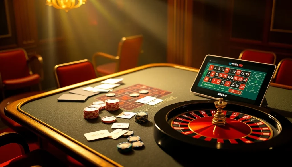 Experience thrilling games at 98win. com with luxurious casino tables filled with chips and cards.