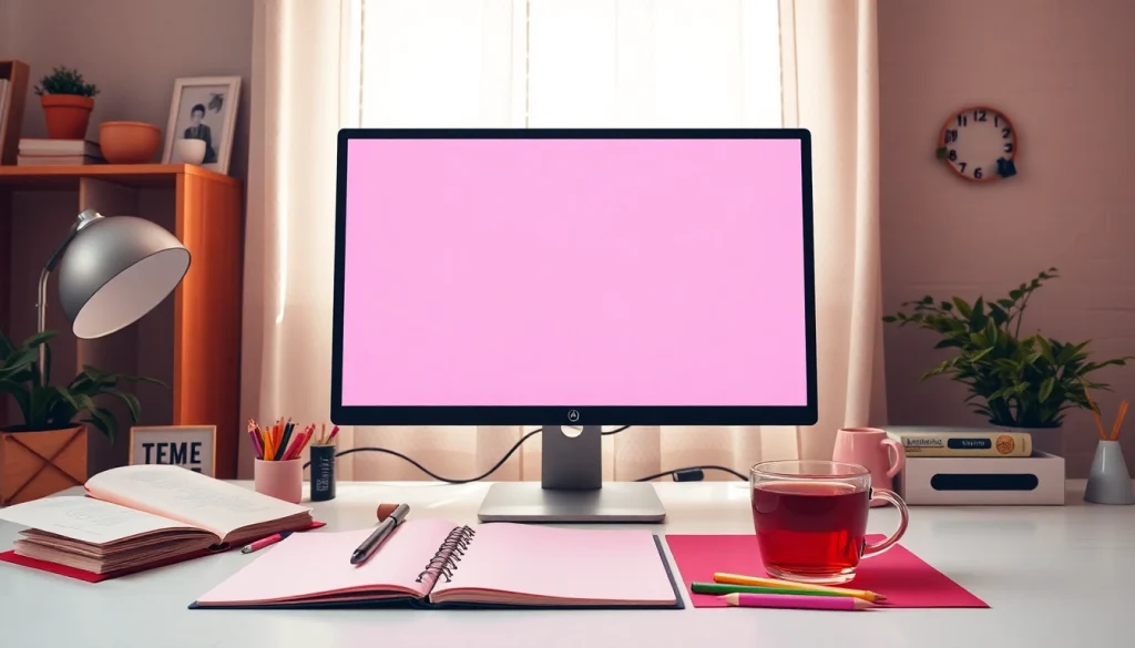 Pink screen displayed on a modern monitor in a cozy, professional workspace.