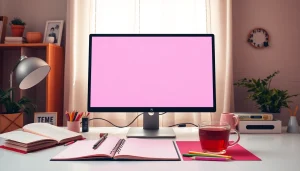 Pink screen displayed on a modern monitor in a cozy, professional workspace.