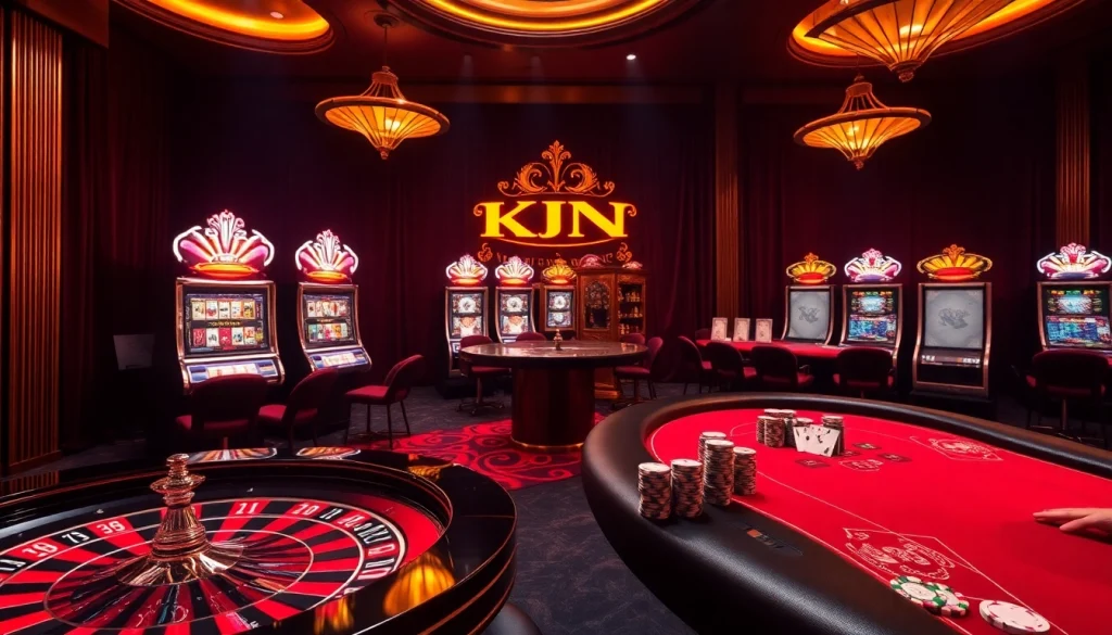 KJC online casino scene showcasing vibrant roulette wheel and poker tables filled with players.