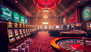 Nohu90 slot machines spinning in a luxurious online casino setting filled with excitement.