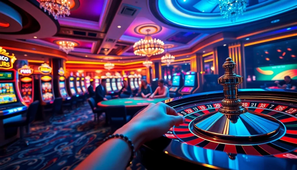 Engaging scene of u 888 casino floor with slot machines, lively players, and roulette wheel.