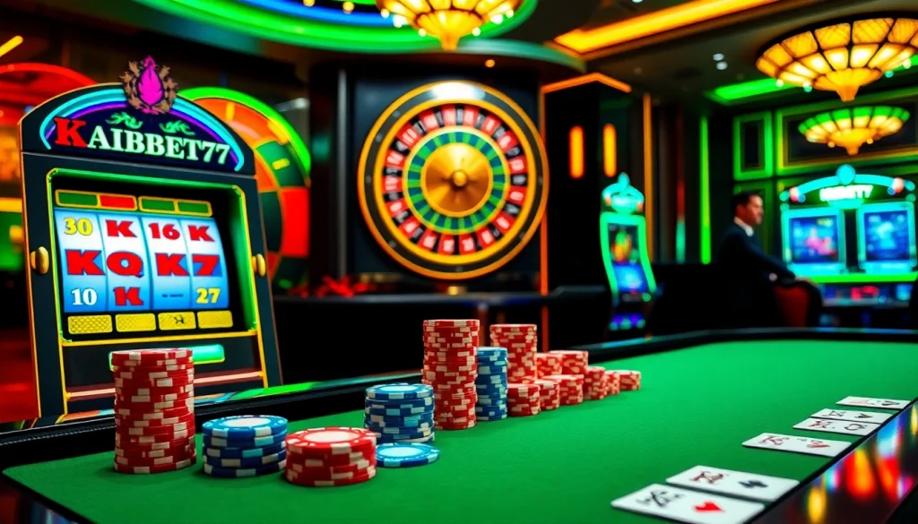 KUBET77 players excitedly engage at a luxurious casino table with vibrant gaming elements.