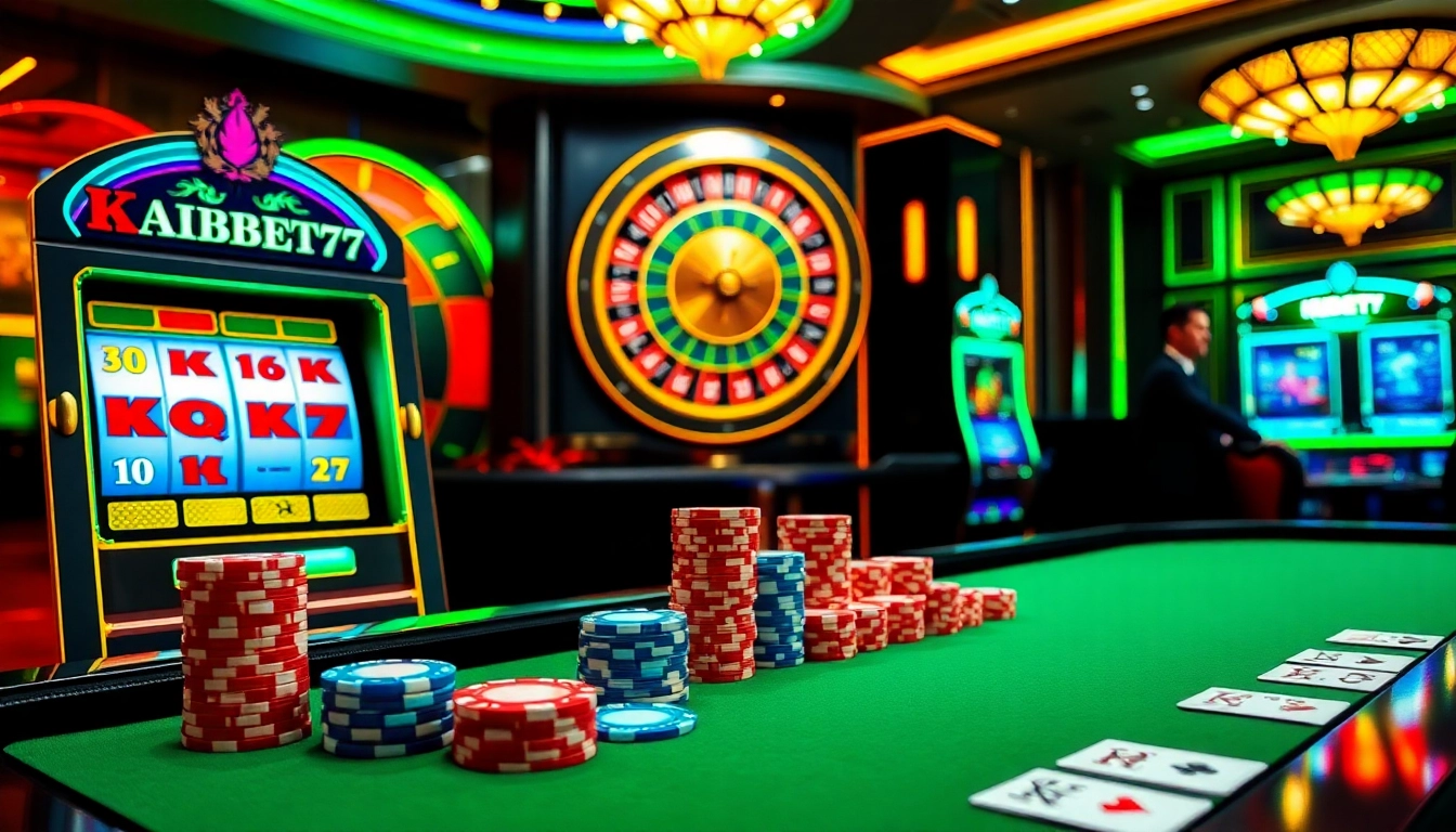 KUBET77 players excitedly engage at a luxurious casino table with vibrant gaming elements.