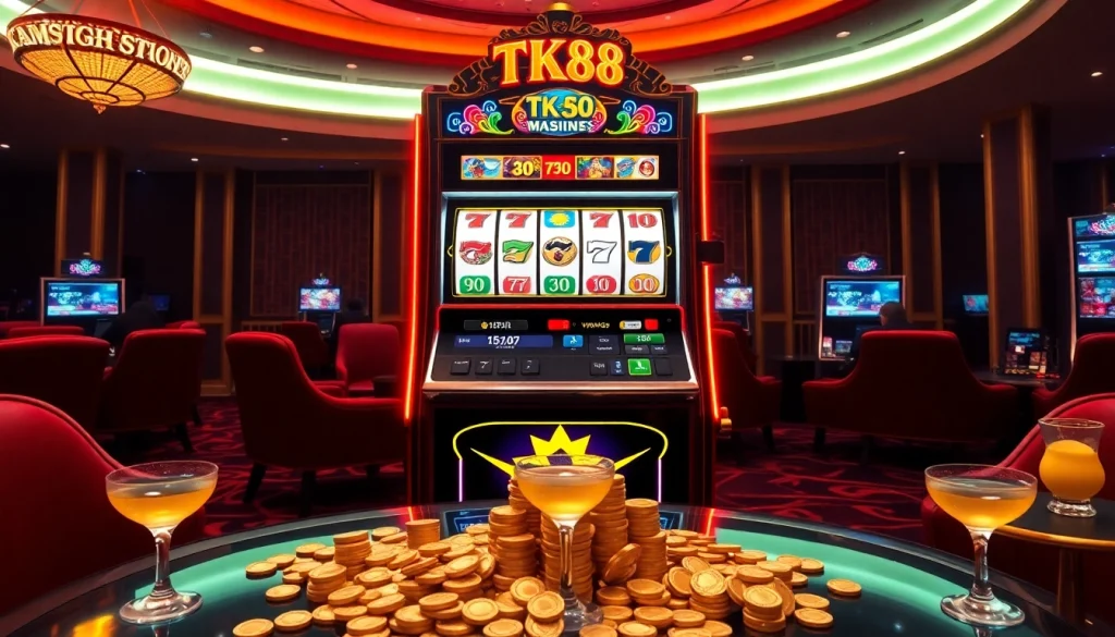 Engage with the thrilling TK88 slot machine in a luxurious casino setting.
