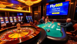 Players betting at an upscale casino featuring the fly88 code prominently displayed.