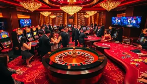 Players enjoy thrilling games at a luxurious casino, highlighting the excitement of liên minh kjc.