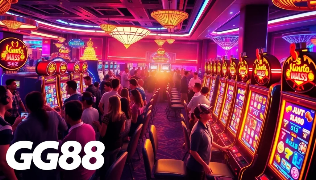 Exciting gg88 gaming scene with neon lights, diverse players, and luxurious slot machines.