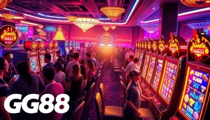 Exciting gg88 gaming scene with neon lights, diverse players, and luxurious slot machines.