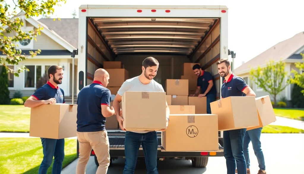Calgary movers packing boxes and loading a truck efficiently in a sunny environment.