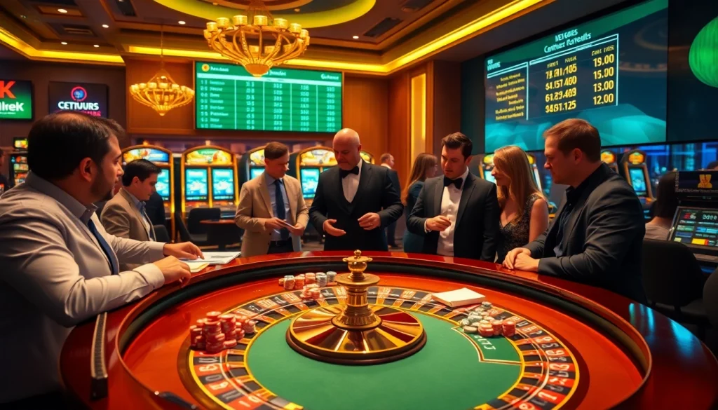 Experience an exhilarating gambling scene with players around a roulette table, highlighting imprumut options in a luxurious casino.