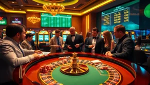 Experience an exhilarating gambling scene with players around a roulette table, highlighting imprumut options in a luxurious casino.