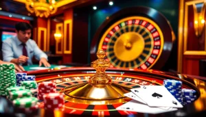 Players engage at a vibrant roulette table in a luxury casino, featuring dn88.tips for online betting excitement.