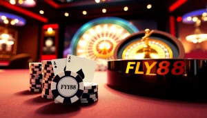Experience thrilling gameplay at FLY88 casino with vibrant poker chips and a spinning roulette wheel.