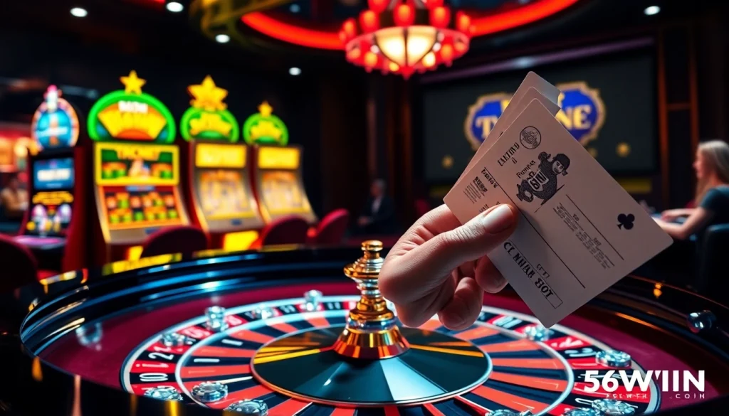 Experience intense gaming excitement at 56WIN's luxurious casino scene with roulette and poker.