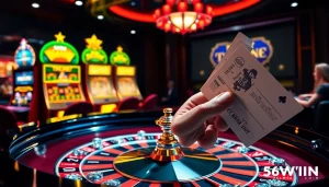 Experience intense gaming excitement at 56WIN's luxurious casino scene with roulette and poker.