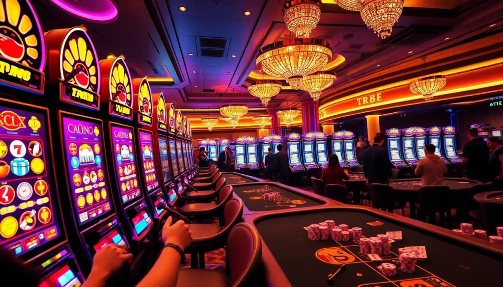 Players engaging with the vibrant TR88 nổ hũ slot machines amidst a lively casino atmosphere.
