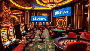 Exciting casino scene with luxury gaming elements featuring 88vv logo and vibrant gambling atmosphere.