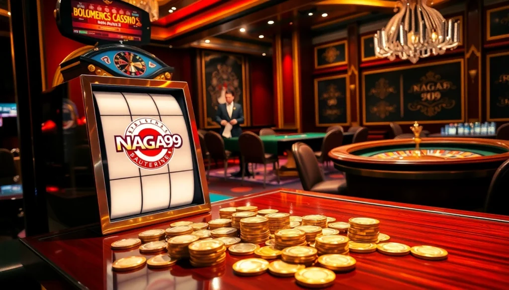 Naga99 slot machine gleams amid a vibrant casino table with cards and chips.