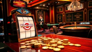 Naga99 slot machine gleams amid a vibrant casino table with cards and chips.