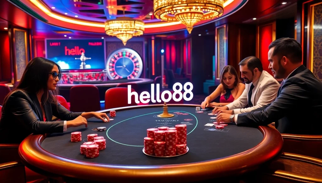 Players enjoying a high-stakes poker game at hello88, featuring vibrant chips and luxurious decor.